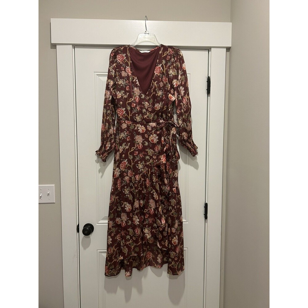Lauren Conrad Burgundy Floral Wrap Maxi Dress XL Sheer Wedding Cocktail Shimmer